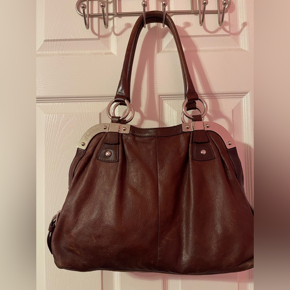 B. Makowsky Chocolate Brown Leather Shoulder Satchel Bag with Polished Finish